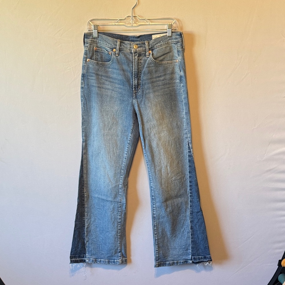 Gap 70s Flare High Rise Two Tone Jeans Petite Size 30 Contrast Panel Denim